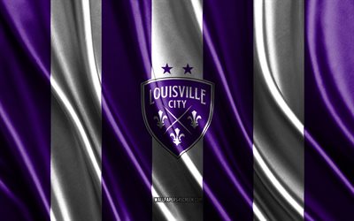 4k, Louisville City FC logo, USL, purple white silk texture, Louisville City FC flag, American soccer team, soccer, silk flag, Louisville City FC emblem, USA, Louisville City FC badge, Louisville City FC
