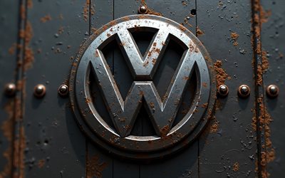 4k, volkswagen metal logo, sfondo del grunge metallico, volkswagen, grunge art, emblema volkswagen, auto tedesche, texture di grunge in metallo, logo 3d volkswagen