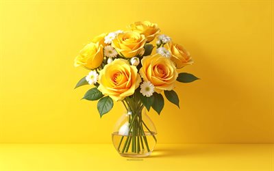 4k, bouquet di rose gialle, sfondo giallo, rose gialle, fiori 3d, rose 3d, bouquet roses, fiori gialli, rose, sfondo con rose gialle