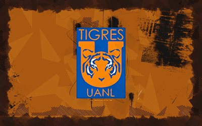 tigres uanl grunge 로고, 4k, liga mx, 오렌지 그런지 배경, 축구, tigres uanl emblem, tigres uanl 로고, tigres uanl, 멕시코 축구 클럽, tigres uanl fc