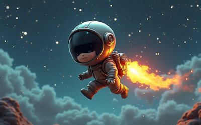 raketti, 4k, supersankarit, chibi  taide, dc  sarjakuvat, rocketeer chibi, yö, 3d  taide, rocketeer 3d, fani  taide, rocketeer 4k