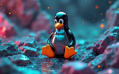 Linux 3D logo, 4k, OS brands, colorful abstract background, artwork, Linux metal logo, Linux logo, brands, Linux, OS logo