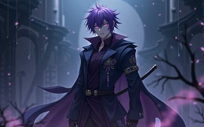 4k, kamui gakupo, noche, vocaloide, traje negro, espada, personajes vocaloides, manga, ojos violetas, kamui gakupo vocaloid