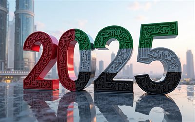 2025 emirati arabi uniti, 4k, emirati arabi uniti, emirati arabi uniti 2025 cifre, 3d art, flag degli emirati arabi uniti, 2025 cifre 3d, 2025 concetti, viaggia 2025 negli emirati arabi uniti