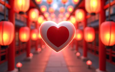 amo a japón, 4k, linternas japonesas, arte 3d, creativo, día de japón, bandera de japón, corazón con bandera japonesa, corazones 3d, bandera japonesa, japón, amor por japón