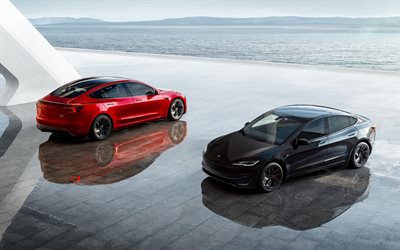 2025, tesla model 3 performance, 4k, vista superiore, tesla red model 3, tesla black model 3, auto elettriche americane, tesla