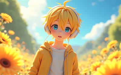لين كاجامين, 4k, صيف, vocaloid, الفن ثلاثي الأبعاد, سماعات الرأس البيضاء, عيون زرقاء, عباد الشمس, أبطال, المانجا, شخصيات صوتية, كاجامين لين, المغنين الافتراضيون اليابانيون, لين كاجامين vocaloid