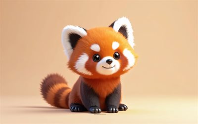 4k, かわいい3dレッドパンダ, 漫画3dレッドパンダ, かわいい動物, レッドパンダ, 3d動物, 漫画3d動物, 面白い赤いパンダ, リトルレッドパンダ, オレンジ色の背景