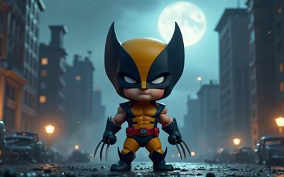 Wolverine, 4k, superheroes, chibi art, Marvel Comics, Wolverine chibi, night, 3D art, Wolverine 3D, fan art, Wolverine 4K