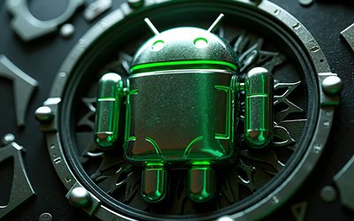 4k, android metal  logo, luova, os  tuotemerkit, bokeh, metallitausta, android 3d  logo, vihreät neonvalot, taideteos, os  logo, android  logo, tuotemerkit, androidi
