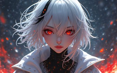 arlecchino, 4k, punaiset silmät, genshin  vaikutus, 3d  taide, tulipalo, pimeys, animehahmot, taideteos, genshin impact  merkit, arlecchino genshin  vaikutus