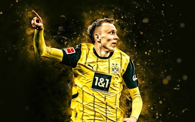 Maximilian Beier, 4k, yellow neon lights, Borussia Dortmund, Bundesliga, German footballers, Maximilian Beier 4k, football, soccer, BVB, BV Borussia 09 Dortmund, Maximilian Beier Borussia Dortmund
