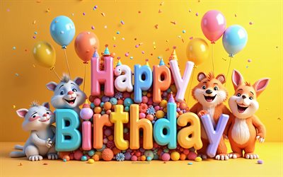 4k, feliz cumpleaños saludo creativo, feliz cumpleaños arte 3d, feliz cumpleaños inscripción colorida 3d, animales de dibujos animados, globos coloridos, antecedentes de cumpleaños, tarjeta de felicitación de cumpleaños