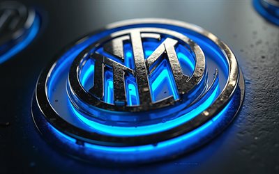 4k, Inter Milan 3d steel logo, blue neon backlight, Inter Milan logo, FC Internazionale, Italian football club, Serie A, Italy, football, black stone background, Inter Milan emblem, Inter Milan