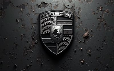 4k, logo porsche metal, sfondo del grunge metallico, porsche, grunge art, porsche emblem, auto tedesche, texture di grunge in metallo, logo porsche 3d