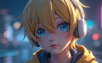 4k, len kagamine, nacht, vokaloid, 3d  kunst, blaue augen, weiße kopfhörer, protagonisten, manga, vokaloidfiguren, kagamine len, japanische virtuelle sänger, len kagamine vocaloid