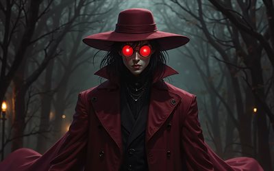 4k, Alucard, Hellsing, anime characters, japanese manga, Hellsing manga, Alucard character, Alucard Hellsing, maroon round hat, glowing glasses on eyes, Dorakyura, Count Dracula, Arucard