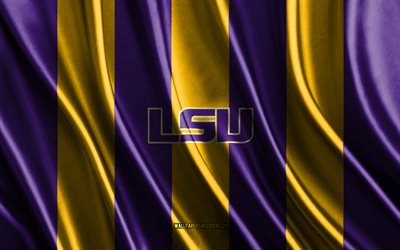 4k, LSU Tigers logo, NCAA, purple yellow silk texture, LSU Tigers flag, American football club, silk flag, LSU Tigers emblem, USA, LSU Tigers badge, LSU Tigers