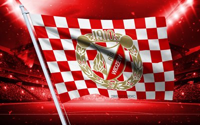 4k, widzew lodz logo, polnischer fußballverein, stadionflagge, flagge der fans von widzew lodz, rot weiße flagge, widzew lodz emblem, ekstraklasa, polen, fußball, widzew lodz