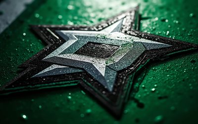 logo en métal des stars de dallas, 4k, fond de métal vert, lnh, logo des stars de dallas, emblème des stars de dallas, usa, étoiles de dallas, hockey