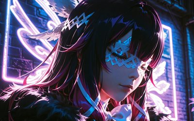 4k, colombina, luci al neon viola, oscurità, impatto genshin, manga, personaggi dell'anime, columbina hyposelenia, personaggi di genshin impact, columbina genshin impatto