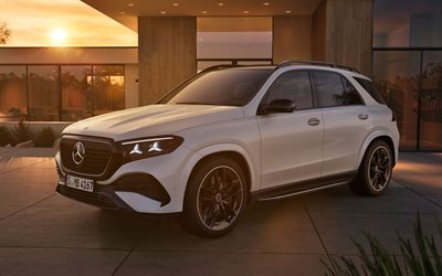2027, mercedes benz gle klasse, 4k, vorderansicht, außen, abend, sonnenuntergang, gle klasse hybrid, weißer mercedes benz gle, neuer mercedes benz gle 2027, deutsche autos, gle klasse, mercedes benz