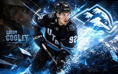 logan cooley, 4k, fondo digital blanco azul, mamut de utah, nhl, hockey, logan cooley 4k, logotipo del mamut de utah, fan art, logan cooley utah mamut
