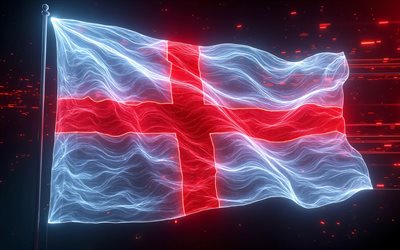 bandera resplandeciente de inglaterra, 4k, arte digital, fondo abstracto oscuro, bandera inglesa en el asta de la bandera, rayos de neón, bandera de inglaterra, europa, ondas de tela bandera de inglaterra, bandera 3d de inglaterra, inglaterra