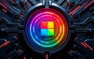 4k, 마이크로소프트 크리에이티브 로고, 삽화, 어두운 하이테크 배경, 화려한 네온 불빛, 지휘자, 소프트웨어 브랜드, 마이크로소프트 추상 로고, 브랜드, 마이크로소프트 3d 로고, 마이크로소프트 로고, 마이크로소프트