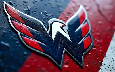 logo en métal des capitals de washington, 4k, fond en métal bleu, lnh, logo des capitals de washington, art du métal, emblème des capitals de washington, usa, capitales de washington, hockey