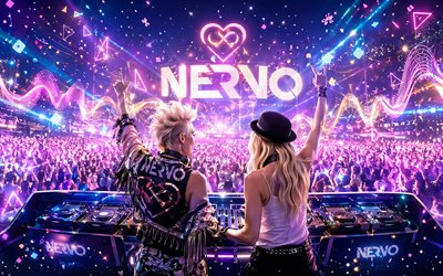 nervo, 4k, concierto, fondo digital colorido, dj australianos, estrellas de la musica, consola de dj, electroerosión, olivia nervo, miriam nervo, superestrellas, arte nervo, dj popular, nervo 4k, mim y liv, los gemelos nerviosos