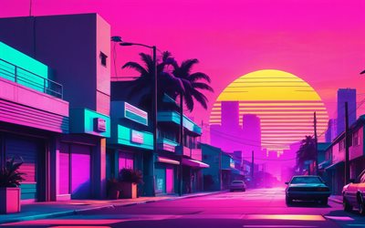 4k, paysage urbain abstrait, voitures abstraites, rue, coucher de soleil, art rétro onde, synthétiseur futur, créatif, rétroonde, arrière plans de paysage urbain abstrait, paysages urbains rétro ondes, paysages urbains abstraits