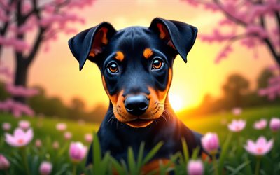 4k, chiot dobermann, coucher de soleil, printemps, fleur de cerisier, chiens, animaux mignons, chiots, animaux de compagnie, doberman, bokeh, fleurs de printemps, chien dobermann