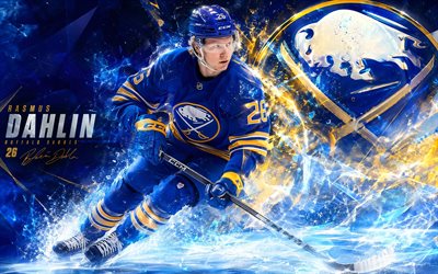 rasmus dahlin, 4k, mavi sarı dijital arka plan, bufalo kılıçları, nhl, hokey, rasmus dalin 4k, buffalo sabres logosu, hayran sanatı, rasmus dahlin bufalo kılıçları