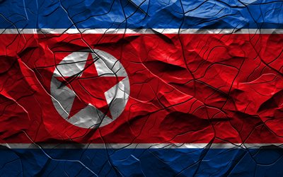 4k, bandera de corea del norte, textura de piedra, asia, bandera 3d de corea del norte, fondo con grietas, corea del norte
