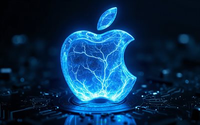 neonblaues apple logo, 4k, apple emblem, leuchtendes blaues apple logo, apple zeichen, apple logo, blauer hintergrund, apfel
