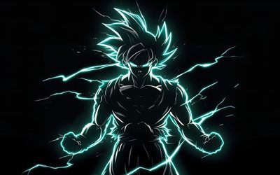 son goku, 4k, dragon ball, goku, svart bakgrund, goku turkos neon siluett, son goku karaktär, anime karaktärer, dragon ball karaktärer, dragon ball manga