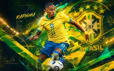 raphinha, brasilianische fußballnationalmannschaft, fan kunst, gelbgrüner abstrakter digitaler hintergrund, kreative kunst, raphinha brasilien, fußball, brasilien, raphael dias belloli