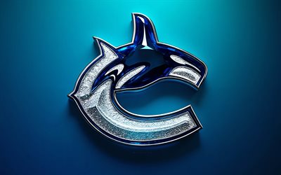 logotipo do cristal vancouver canucks, 4k, fundo de metal azul, nhl, logotipo do vancouver canucks, arte de cristal, emblema do vancouver canucks, eua, canucks de vancouver, hóquei