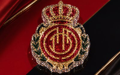 logotipo de cristal del rcd mallorca, fondo de metal rojo, emblema rcd mallorca, logotipo del rcd mallorca, letrero cristal rcd mallorca, la liga, españa, fútbol americano, rcd mallorca, mallorca