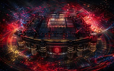 サン シーロ, 4k, イタリアのサッカースタジアム, acミランスタジアム, スタディオ ジュゼッペ メアッツァ, 赤と黒の抽象的なデジタル背景, acミラン, イタリア, ミラノ, サン シーロのアート, スカラ デル カルチョ