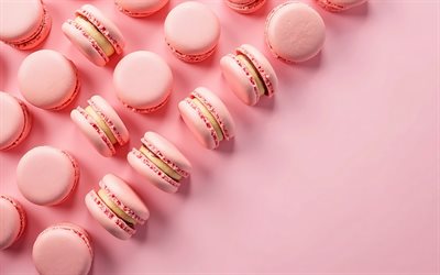 معكرونة وردية, 4k, خلفية وردية, ملفات تعريف الارتباط, السلع المخبوزة, معكرون, معكرونة التوت, معكرونة مع التوت