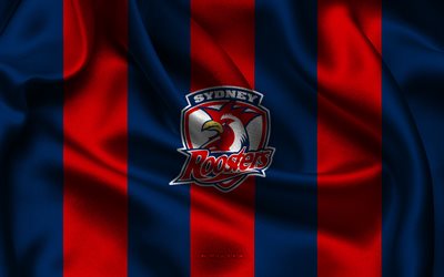 4k, Sydney Roosters logo, Australian rugby team, NRL, blue red silk fabric, National Rugby League, Sydney Roosters emblem, Sydney Roosters, Australia, rugby, Sydney Roosters sign