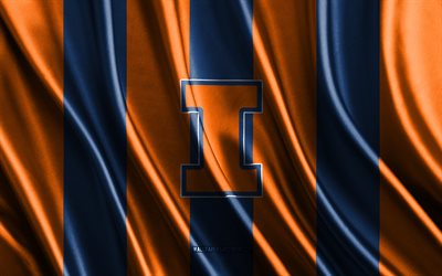 4k, イリノイ・ファイティング・イリニのロゴ, ncaa, オレンジブルーのシルクテクスチャー, イリノイ州のイリノイ州旗との戦い, アメリカンフットボールクラブ, 絹の旗, イリノイ・ファイティング・イリニのエンブレム, アメリカ合衆国, イリノイと戦うイリノイ