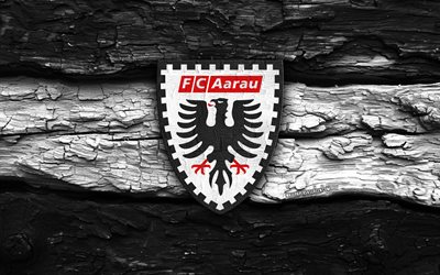 شعار fc aarau الخشبي, 4k, خلفية خشبية بيضاء وسوداء, دوري التحدي, كرة القدم, شعار نادي آراو, إف سي آراو, نادي كرة القدم السويسري, آراو إف سي