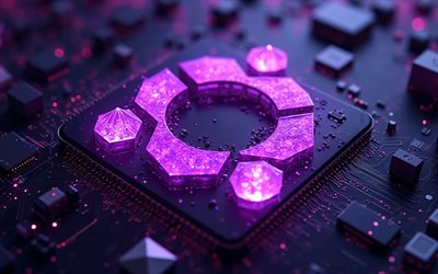 شعار أوبونتو باللون الأرجواني المتوهج, 4k, فن الهندسة, شعار أوبونتو الإبداعي ثلاثي الأبعاد, أوبونتو لينكس, شعار أوبونتو 3d باللون الأرجواني, شعار أوبونتو, خلفية التكنولوجيا الأرجواني, علامة أوبونتو, لينكس, أوبونتو