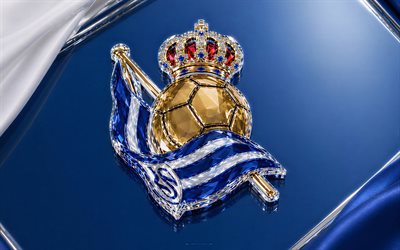 logotipo de cristal de la real sociedad, fondo metálico azul, emblema de la real sociedad, logotipo de la real sociedad, cartel de cristal de la real sociedad, la liga, españa, fútbol americano, real sociedad
