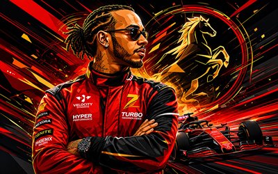 lewis hamilton, escudería ferrari, fórmula 1, arte vectorial, f1, arte creativo, lewis hamilton ferrari, fondo vectorial abstracto rojo, ferrari