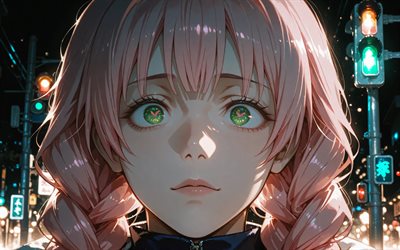 mitsuri kanroji, 4k, rua, matador de demônios, noite, protagonista, cabelo rosa, matador de demônios kimetsu no yaiba, mangá, kanroji mitsuri, caçador de demônios, mitsuri kanroji kimetsu no yaiba