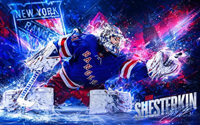 igor shesterkin, 4k, fondo digital azul rojo, rangers de nueva york, nhl, hockey, ígor shesterkin 4k, logotipo de los rangers de nueva york, fan art, igor shesterkin rangers de nueva york